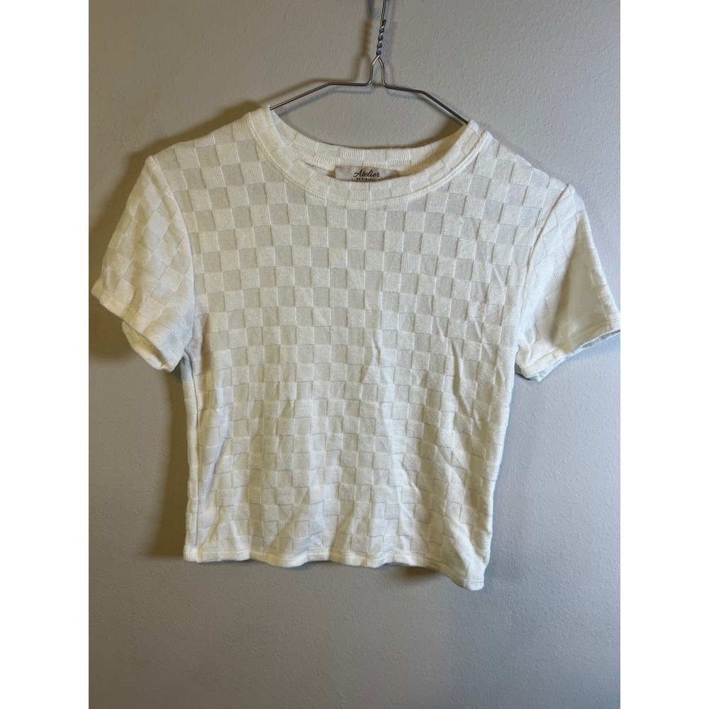 Atelier by Kirious Womens Short Sleeve Checkerboard Knit Top Cream Size M